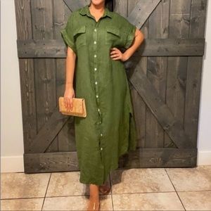 NWOT green Italian linen shirt dress - button down - short sleeves - side slits